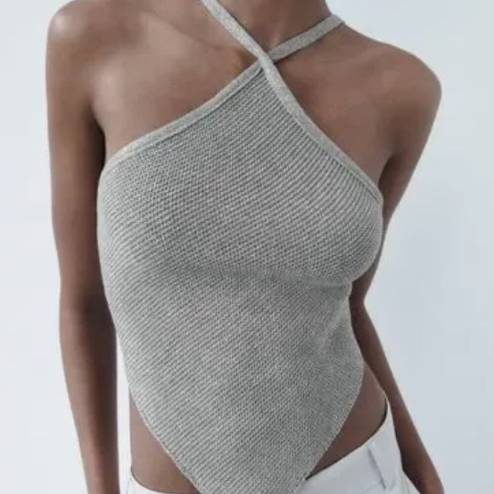 Zara Silver Open Back Knit Halter Top (set) Tie-back